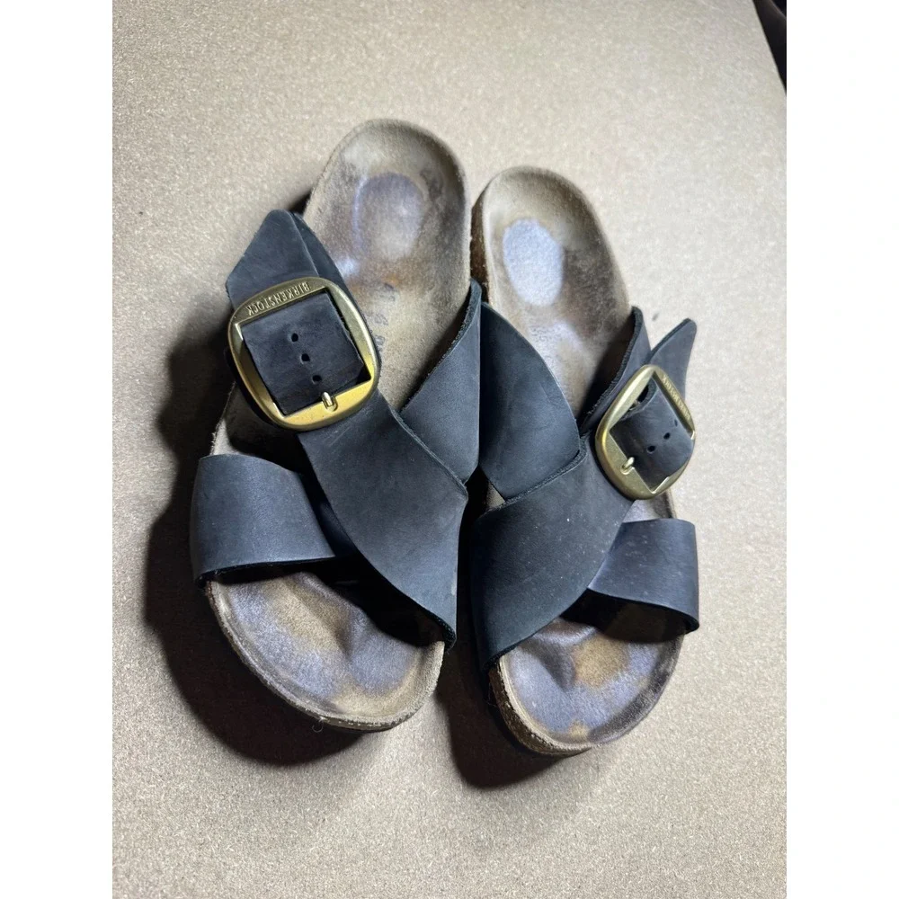 Birkenstock Siena Big Buckle Black Nubuck Leather Sandals Women 41 Gold Hardware